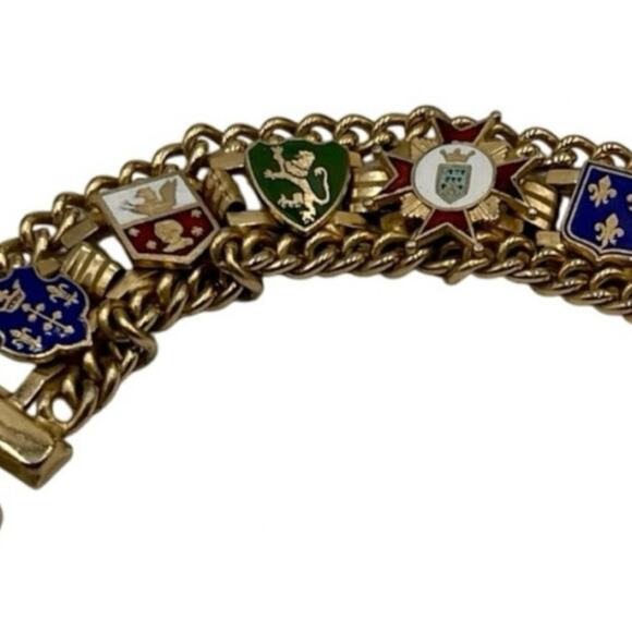 Vintage Gold Tone Red Blue Yellow Enamel Five Family Crest Shield Bracelet - Picture 1 of 10
